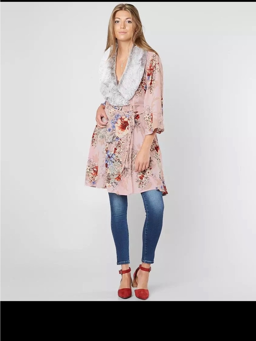 Pink Floral Wrap Dress with Faux Fur Collar